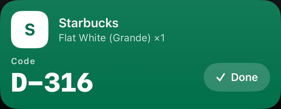 Starbucks pickup card: code D-316, with a Done button