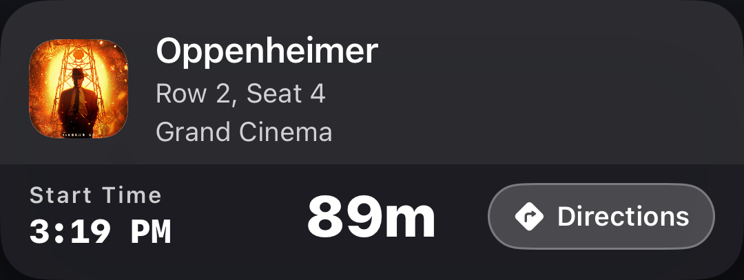 Movie ticket card: Oppenheimer, Grand Cinema IMAX, Row 2 Seat 4