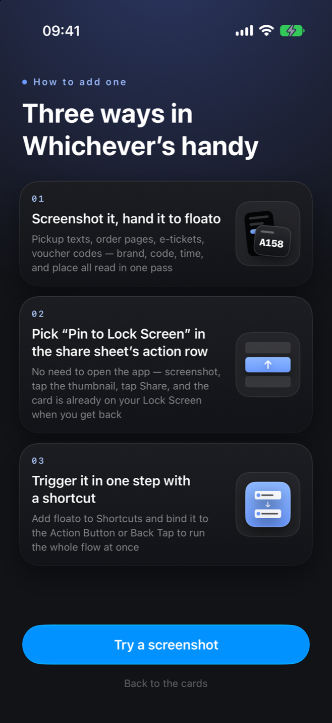 Screenshot of the floato onboarding page “Three ways in”